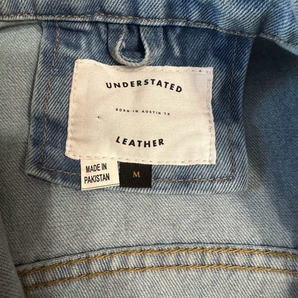 Understated Leather Denim Jacket Cotton Womens Med Blue 90s Hand Painted Custom - Picture 8 of 8
